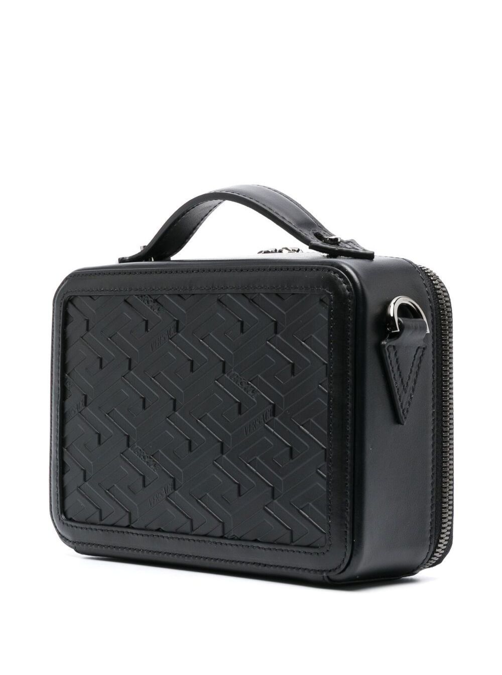 Messenger Bag With All-Over Greca Print Black Calf Leather Man Crossbody
