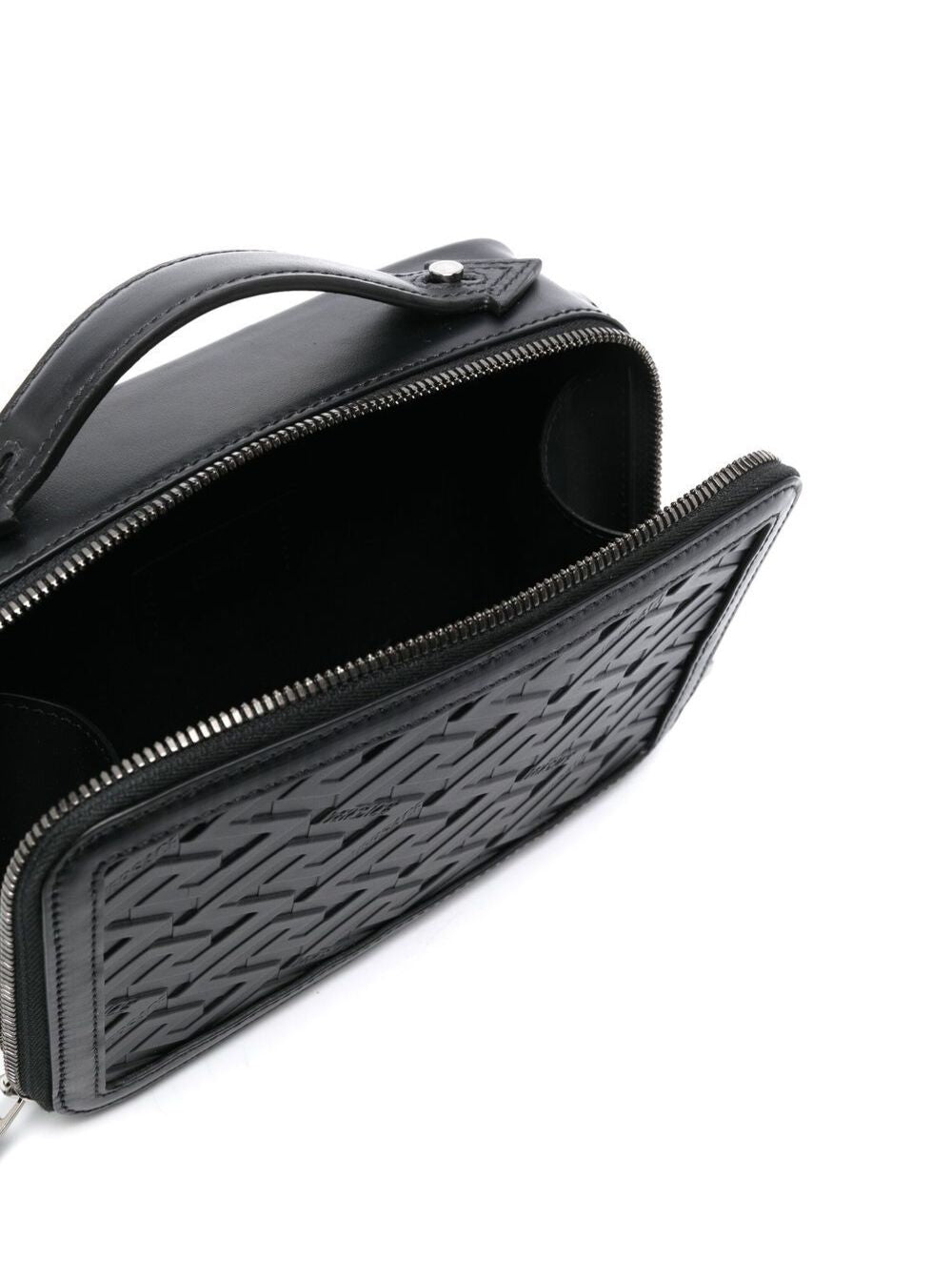 Messenger Bag With All-Over Greca Print Black Calf Leather Man Crossbody