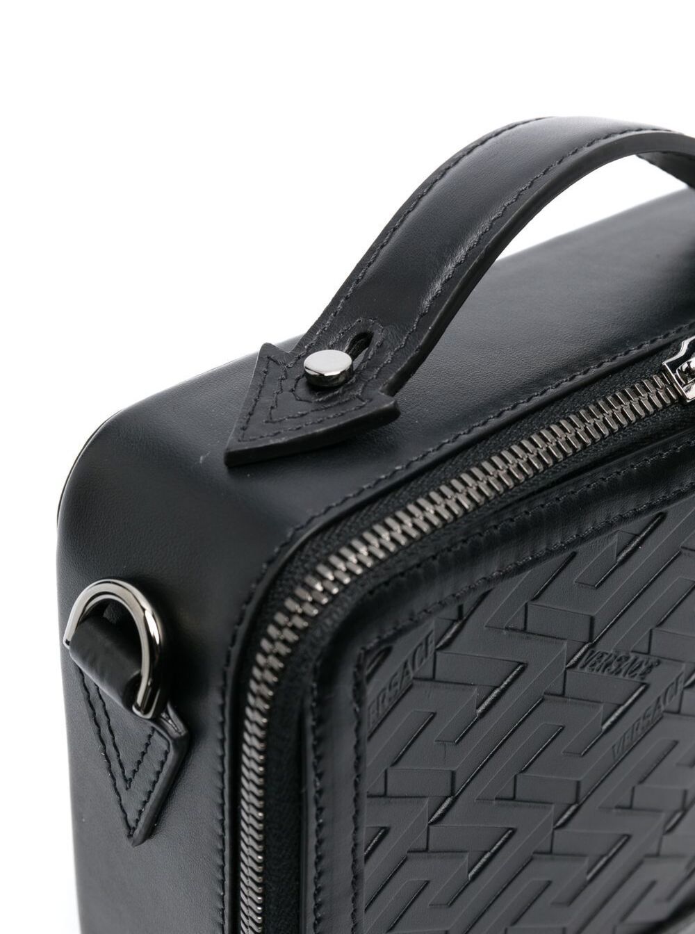 Messenger Bag With All-Over Greca Print Black Calf Leather Man Crossbody