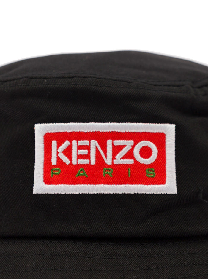 Black Bucket Hat With Embroidered Logo On The Front Cotton Man And Gloves