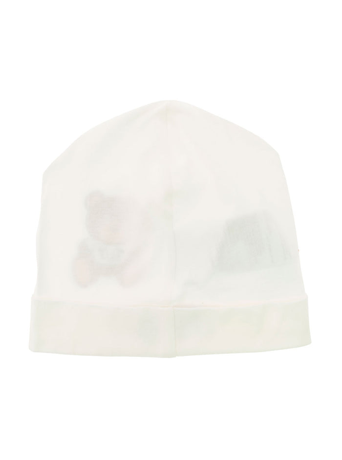 Beanie With Teddy Bear Print White Cotton Baby Hats And Gloves