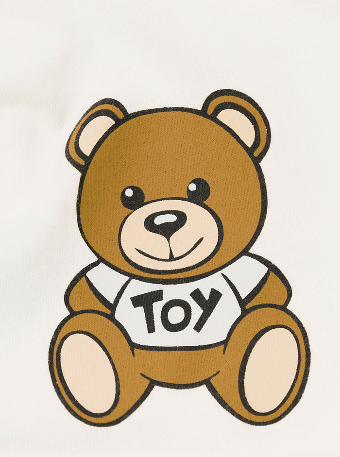 Beanie With Teddy Bear Print White Cotton Baby Hats And Gloves