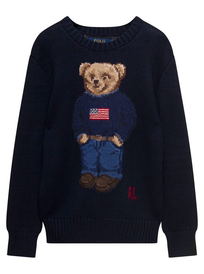 Blue Sweater With Intarsia Teddy Bear Cotton Boy Blu Sweatshirts