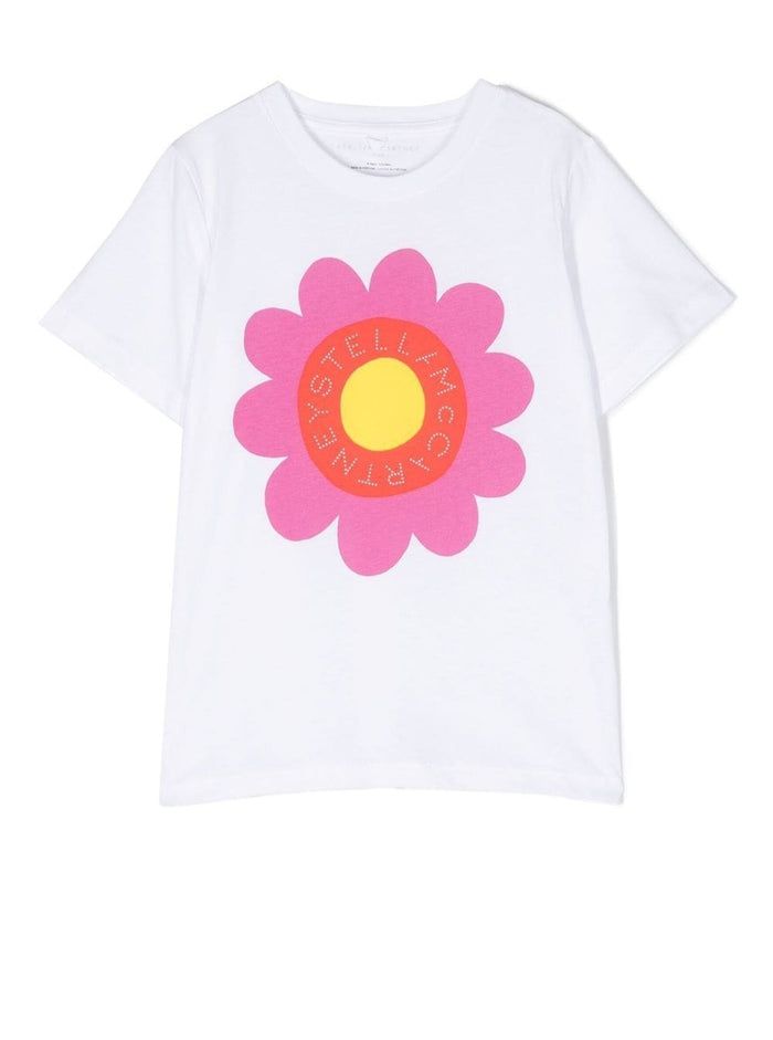 Crewneck T-Shirt With Flower Print White Cotton Girl Tshirts And Polo Shirts