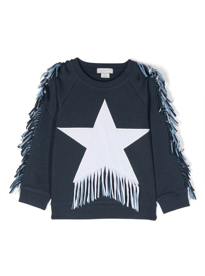 Fringed Sweatshirt With Star Print Blue Cotton Girl Blu Sweatshirts