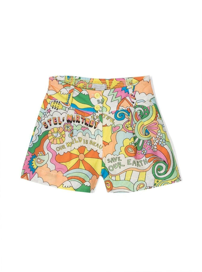 Pleated Shorts With All-Over Graphic Print Multicolored Cotton Girl And Bermuda