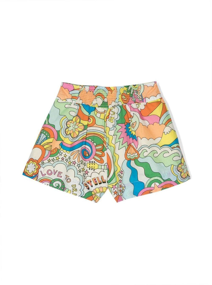 Pleated Shorts With All-Over Graphic Print Multicolored Cotton Girl And Bermuda