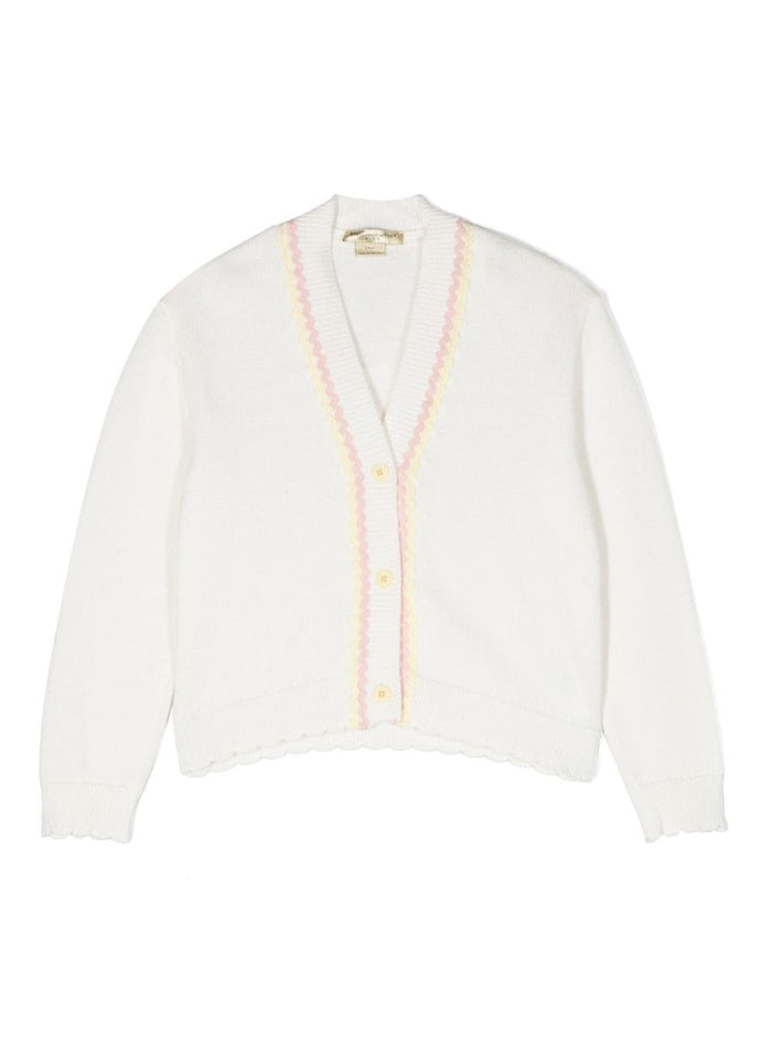 Ribbed V-Neck Cardigan White Cotton Girl Jersey