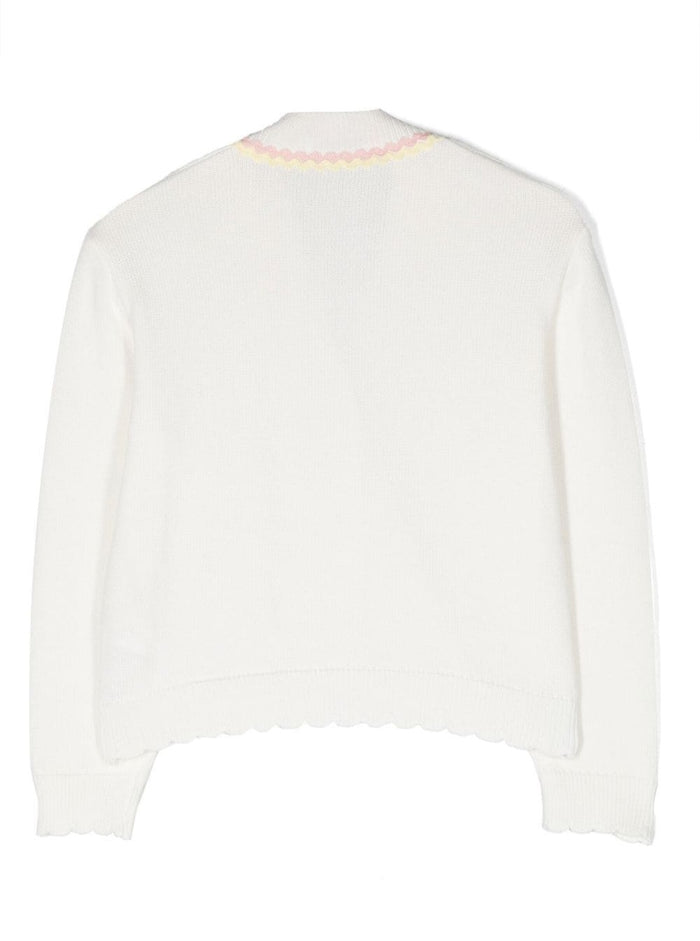 Ribbed V-Neck Cardigan White Cotton Girl Jersey