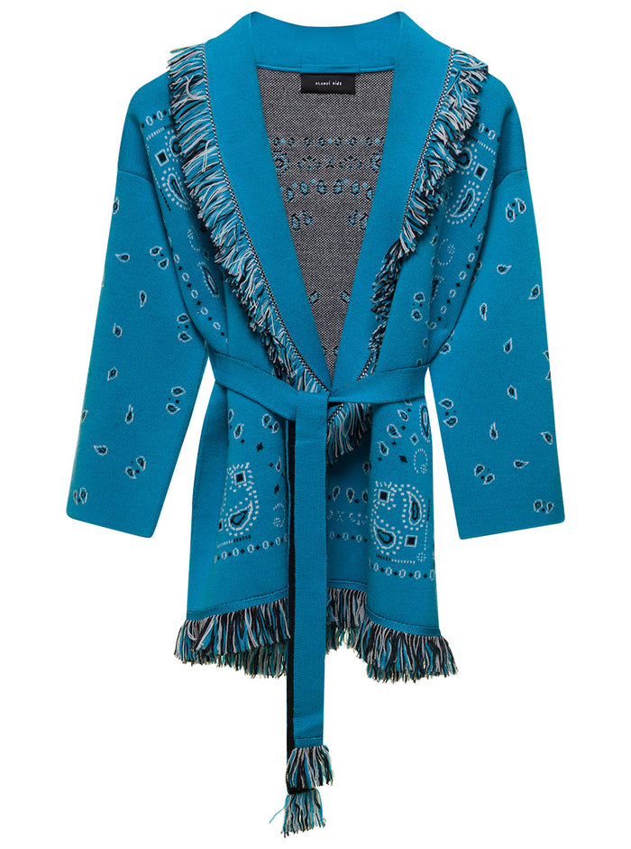 Light Blue Jacquard Cardigan With Pailsey Motif Wool Girl Blu Virgin Jersey