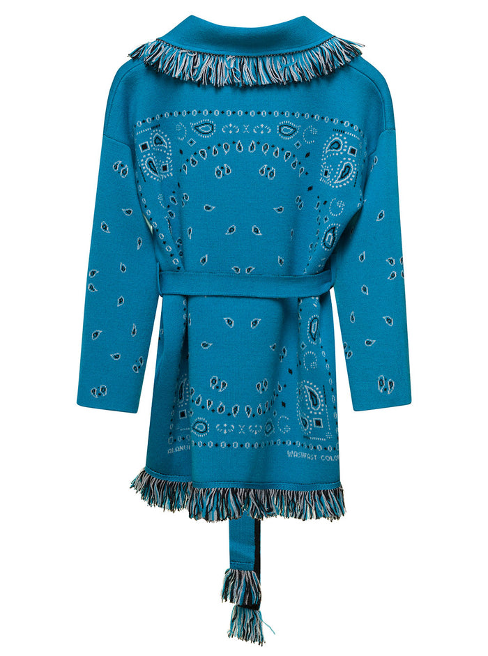 Light Blue Jacquard Cardigan With Pailsey Motif Wool Girl Blu Virgin Jersey