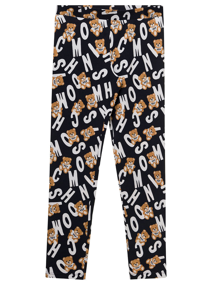Black Leggings With All-Over Logo And Teddy Bear Print Stretch Cotton Girl Elastane Trousers