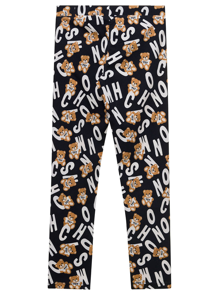 Black Leggings With All-Over Logo And Teddy Bear Print Stretch Cotton Girl Elastane Trousers