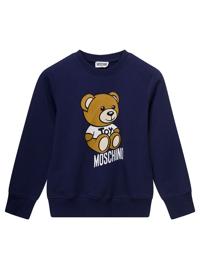 Blue Crewneck Sweatshirt With Teddy Bear Print Cotton Boy Blu Elastane Sweatshirts