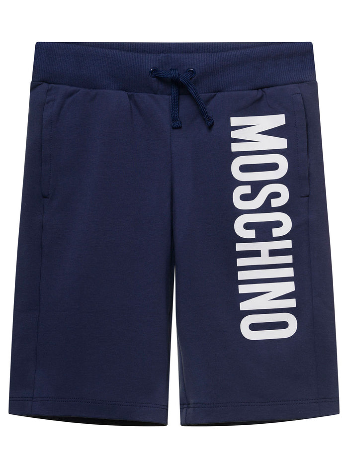 Blue Drawstring Shorts With Vertical Logo Lettering Print Stretch Cotton Boy Blu Elastane And Bermuda