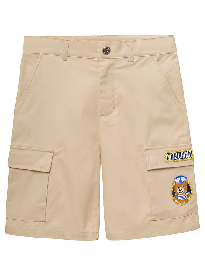 Beige Bermuda Shorts With Logo Patch And Pockets Stretch Cotton Boy Elastane