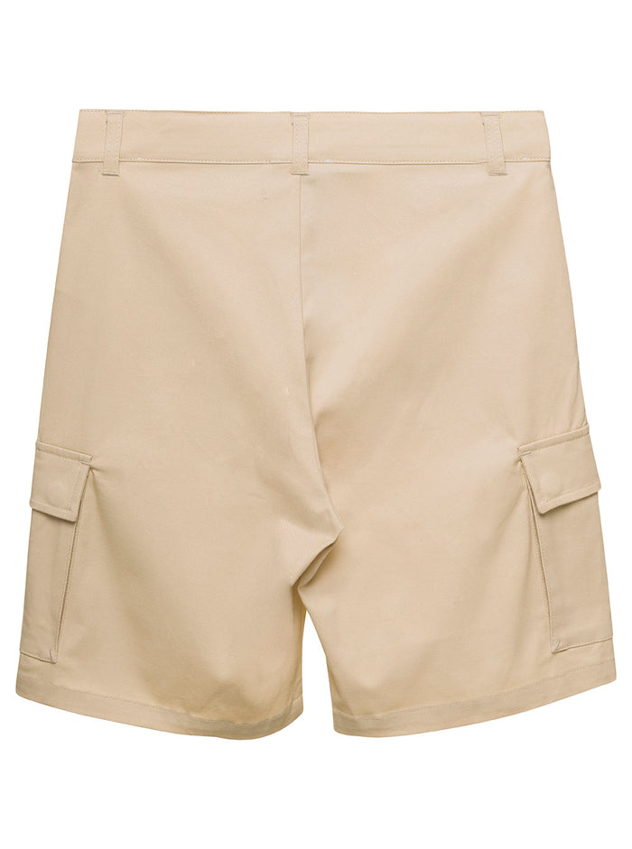 Beige Bermuda Shorts With Logo Patch And Pockets Stretch Cotton Boy Elastane