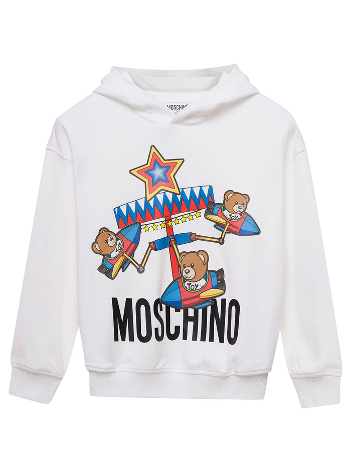 White Hoodie With Graphic Print And Logo Lettering Cotton Boy Sweatshirts