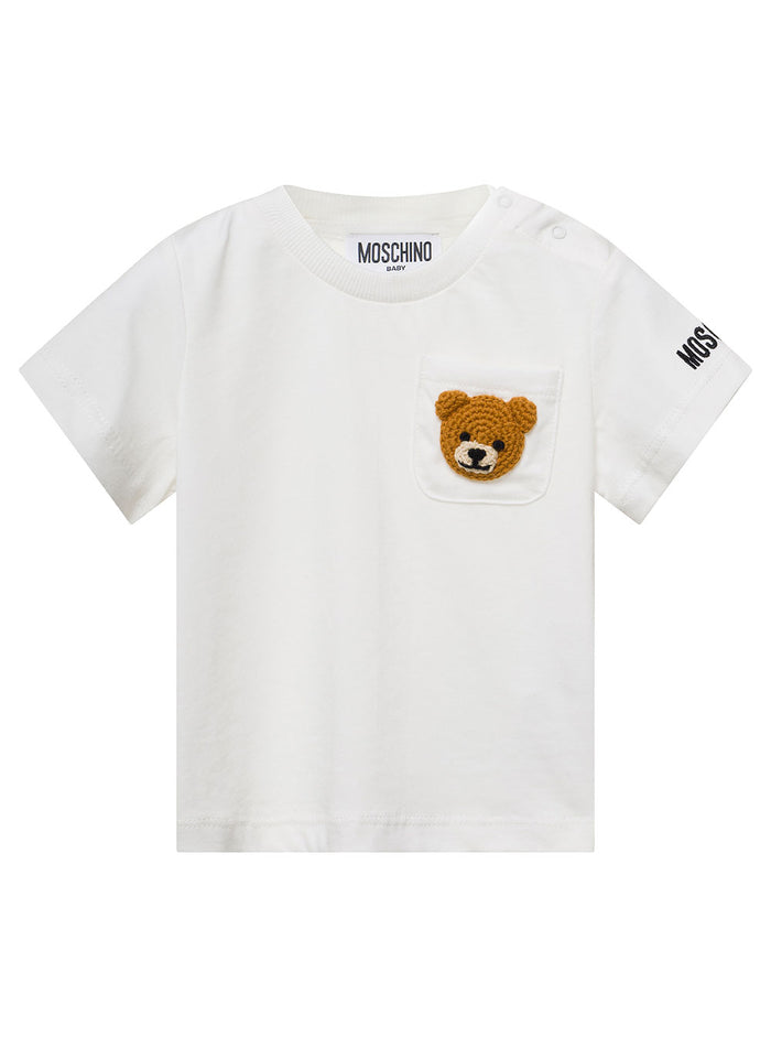 White T-Shirt With Teddy Bear Embroidery On Chest Pocket Cotton Baby Tshirts And Polo Shirts