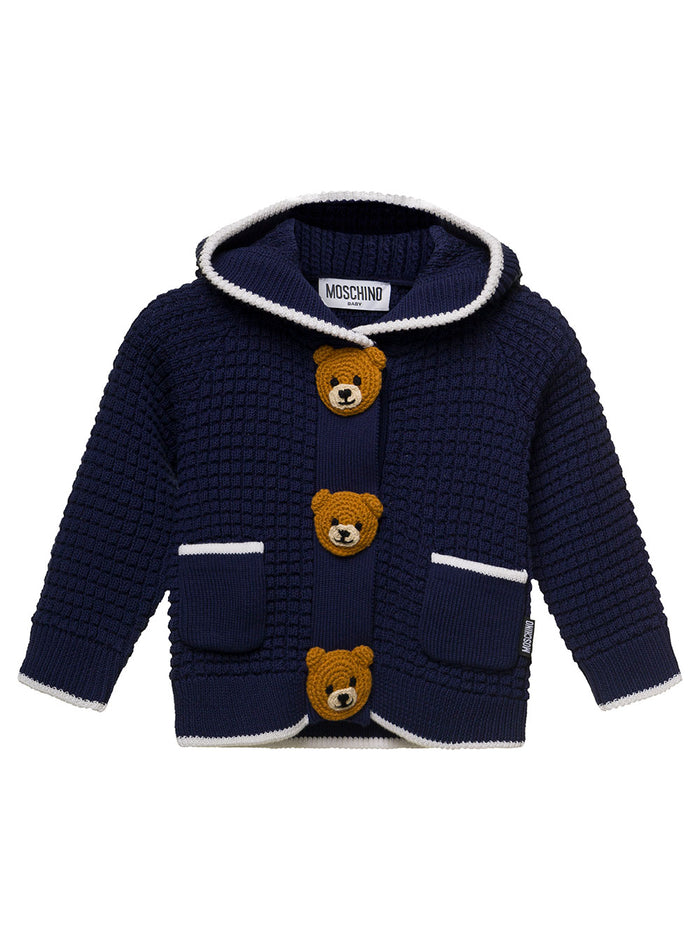 Blue Knitted Cardigan With Contrasting Trim And Teddy Bear Details Cotton Baby Blu Sweatshirts