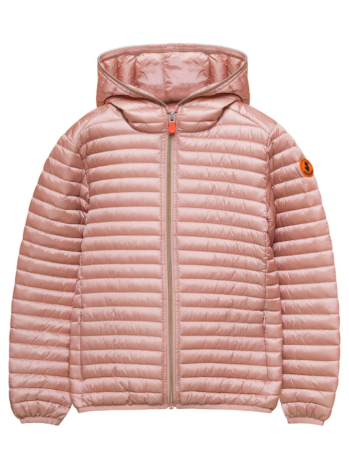 Rosy Pink Hooded Down Jacket With Logo Patch Polyeter Girl Nylon
