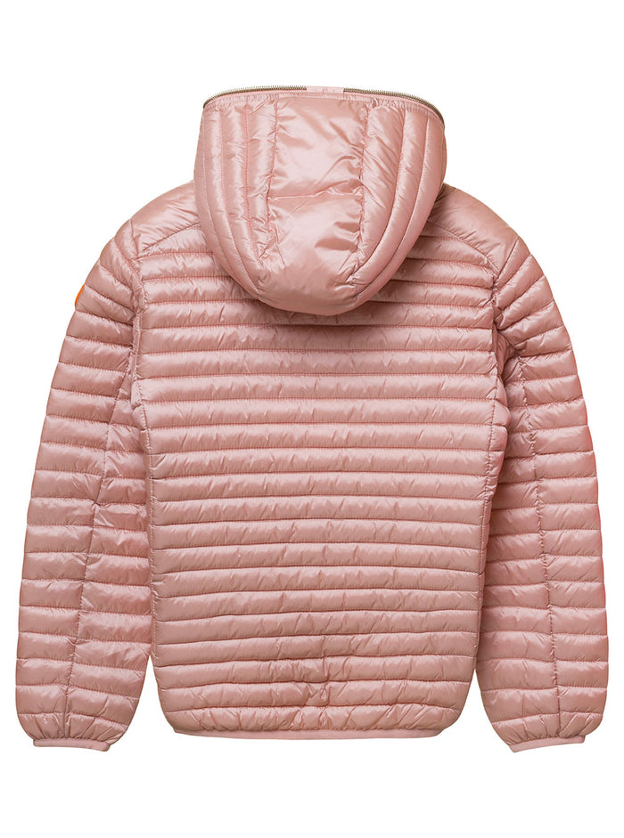 Rosy Pink Hooded Down Jacket With Logo Patch Polyeter Girl Nylon
