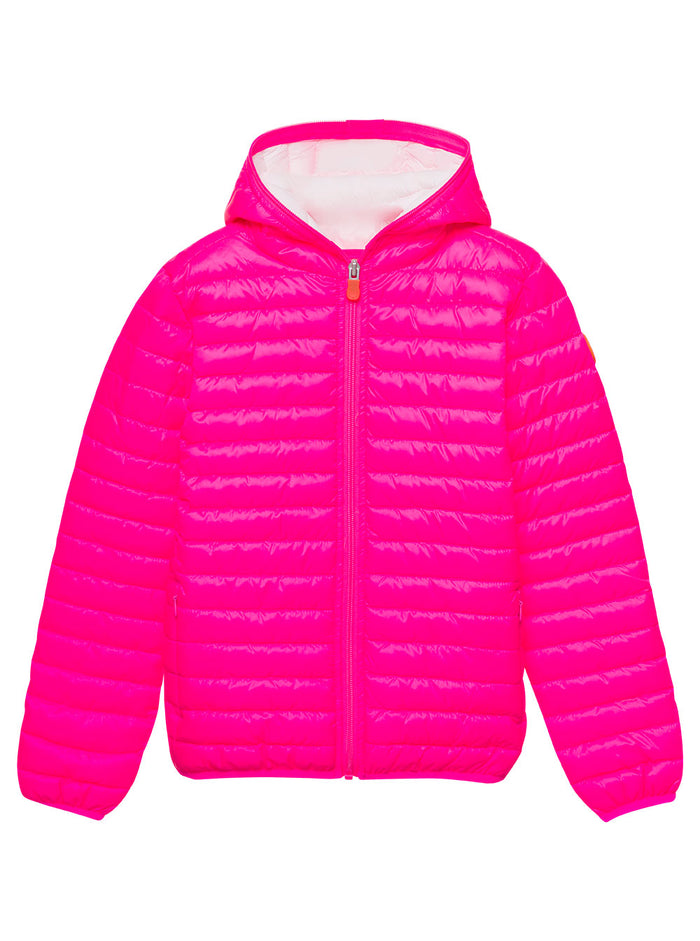 Katie Fuchsia Hooded Down Jacket With Logo Patch Polyeter Girl Fuxia Polyester