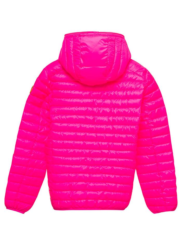 Katie Fuchsia Hooded Down Jacket With Logo Patch Polyeter Girl Fuxia Polyester