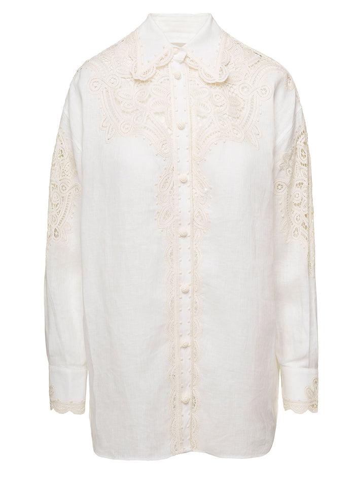 Tiggy White Shirt With All-Over Lace Inserts Linen Woman And Blouses