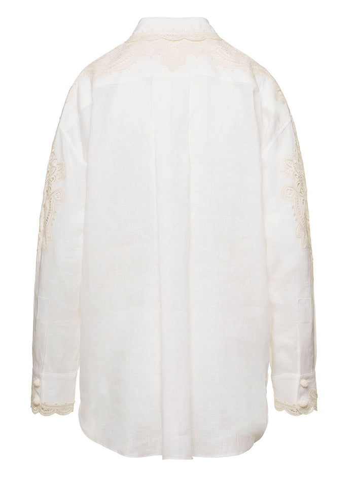 Tiggy White Shirt With All-Over Lace Inserts Linen Woman And Blouses