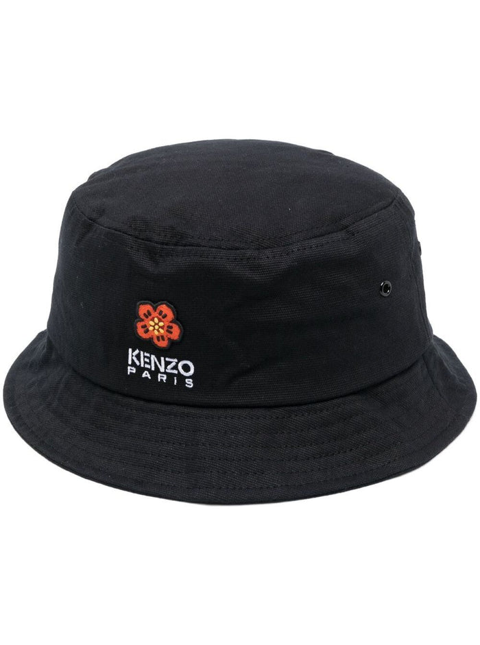 Black Bucket Hat With Signature Boke Flower Logo Cotton Man And Gloves