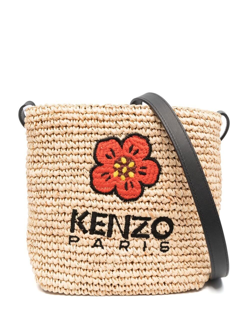 Beige Woven Sac Seau Bag With Signature Boke Flower Logo Raffia Rafia Crossbody