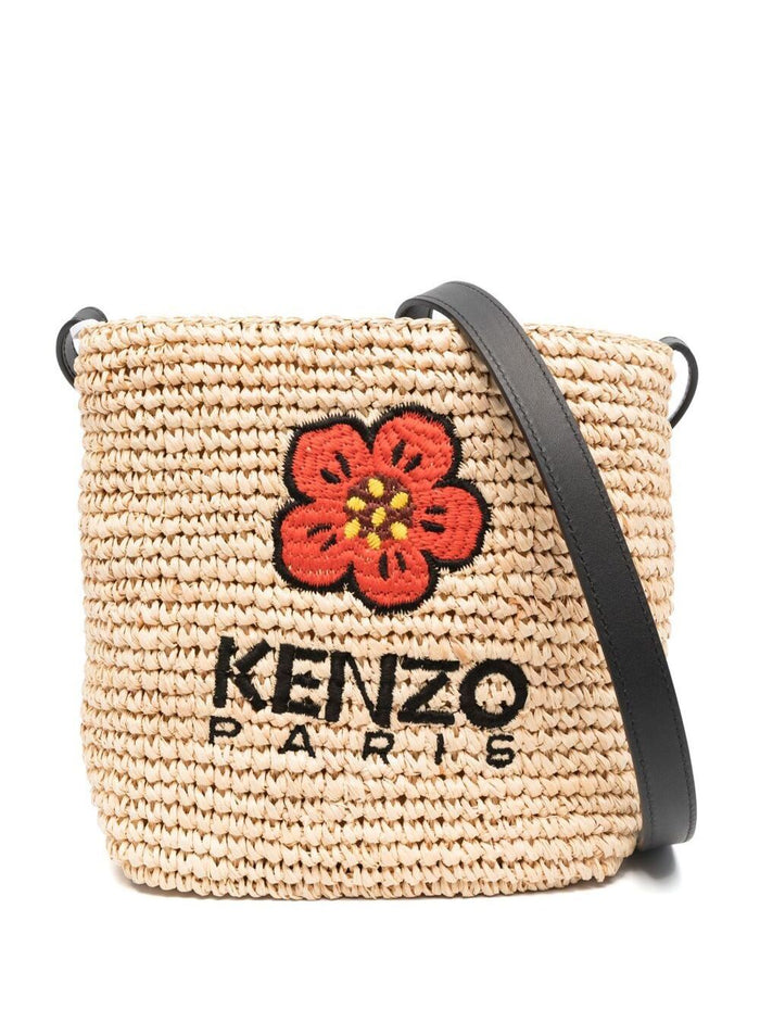 Beige Woven Sac Seau Bag With Signature Boke Flower Logo Raffia Rafia Crossbody