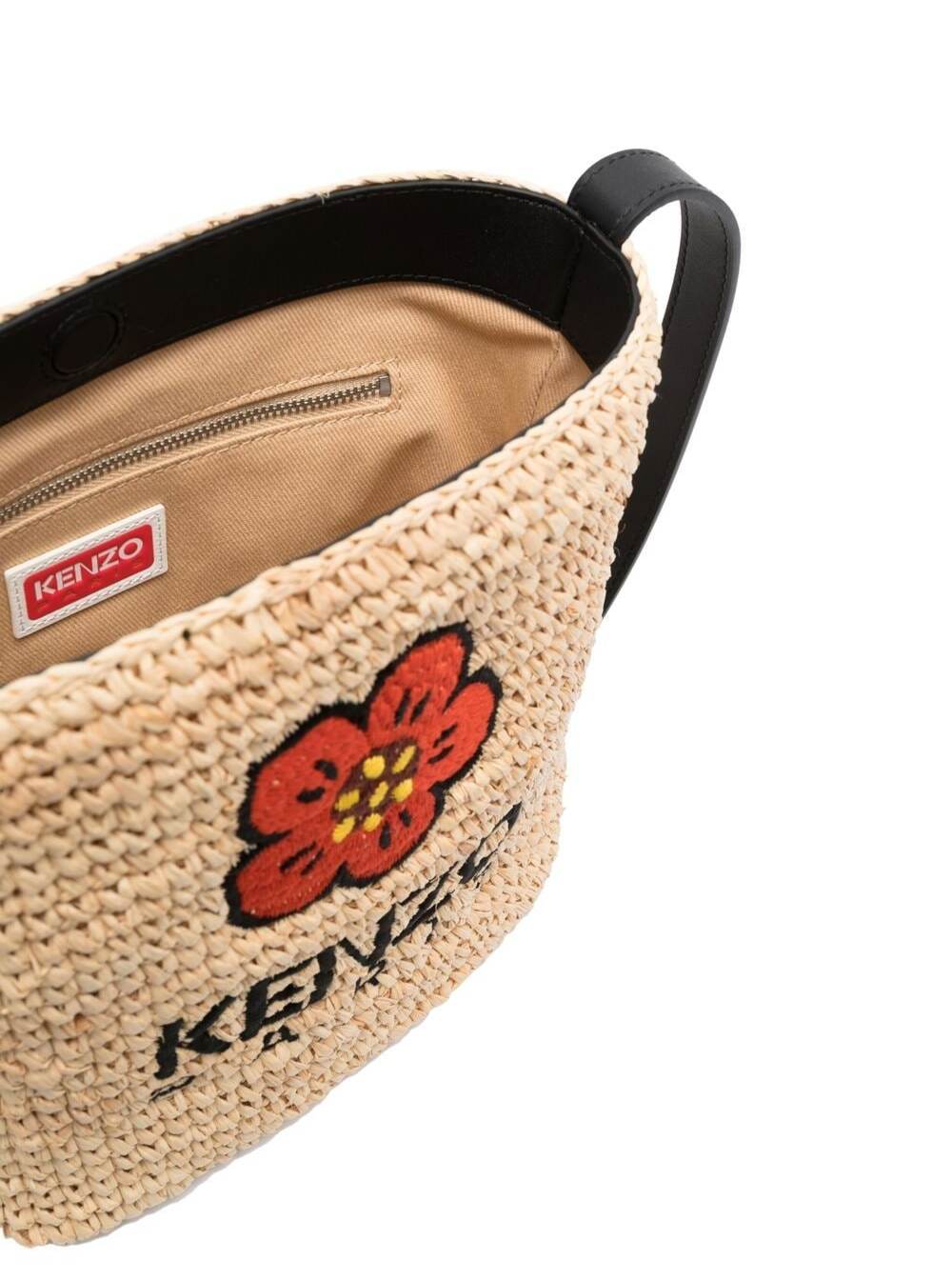 Beige Woven Sac Seau Bag With Signature Boke Flower Logo Raffia Rafia Crossbody