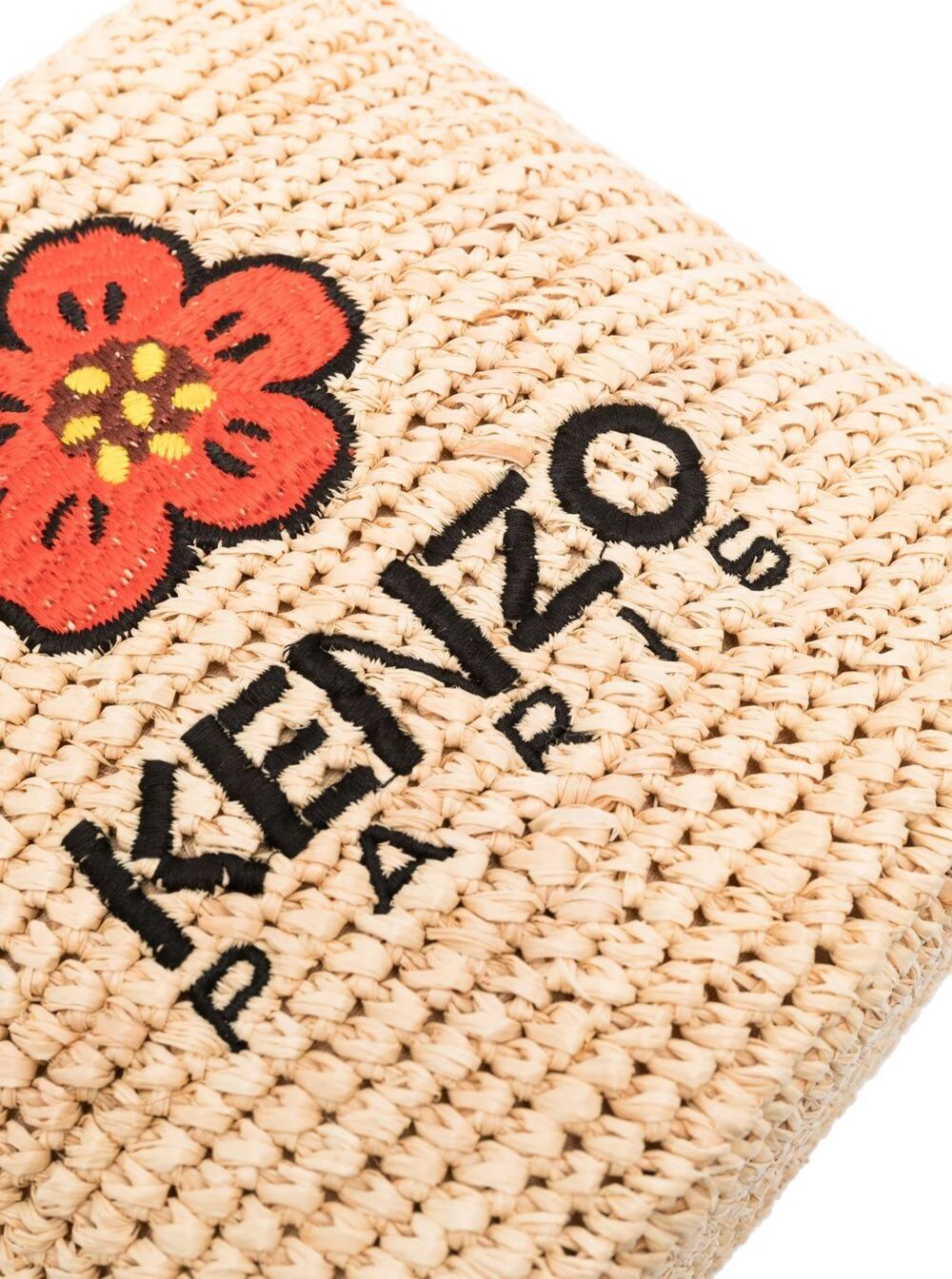 Beige Woven Sac Seau Bag With Signature Boke Flower Logo Raffia Rafia Crossbody