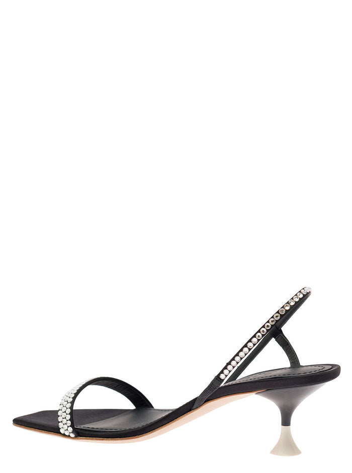 Eloise Black Sandals With Rhinestone Embellishment And Spool Heel Viscose Blend Woman Silk Flat Shoes