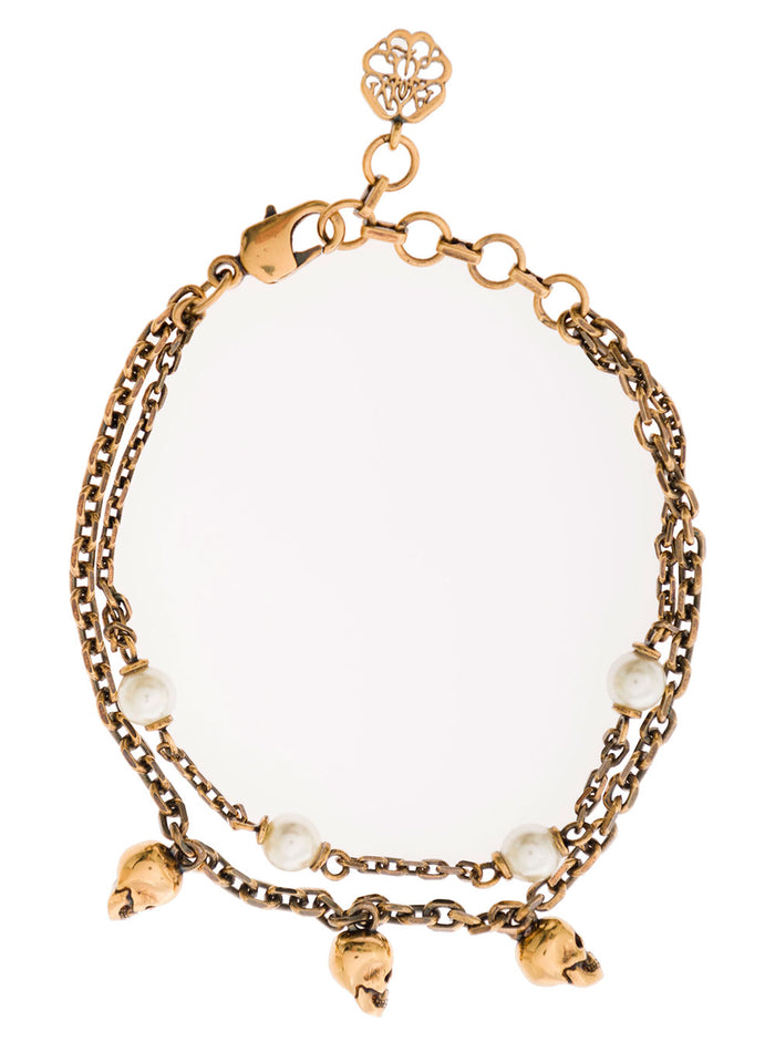 Antique Gold-Finished Double-Chain Bracelet With Skull And Pearl-Like Charm Brass Woman Metallic