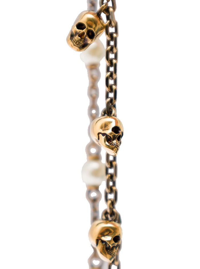 Antique Gold-Finished Double-Chain Bracelet With Skull And Pearl-Like Charm Brass Woman Metallic