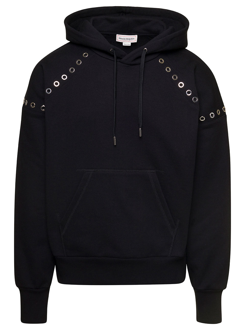 Black Hoodie With Eyelet Details Cotton Man Sweatshirts
