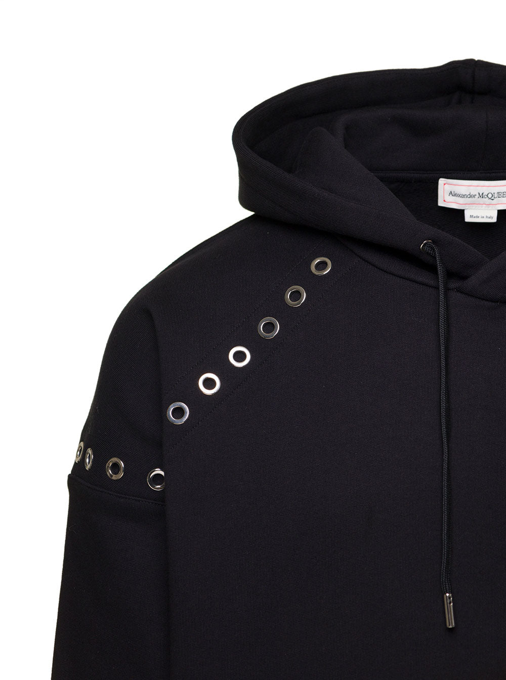 Black Hoodie With Eyelet Details Cotton Man Sweatshirts