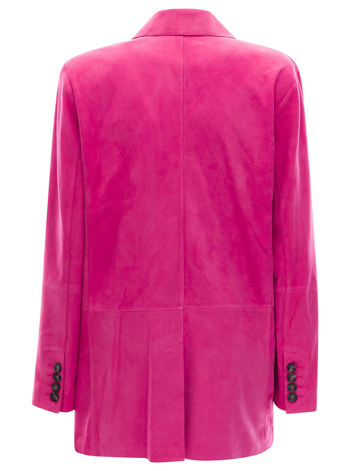 Hot Pink Goat Suede Blazer With Front Pockets Woman Fuxia Blazers