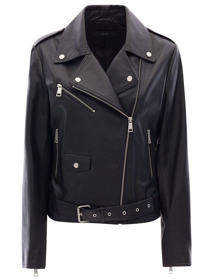 Ardenia Black Leather Biker Jacket Woman Lamb