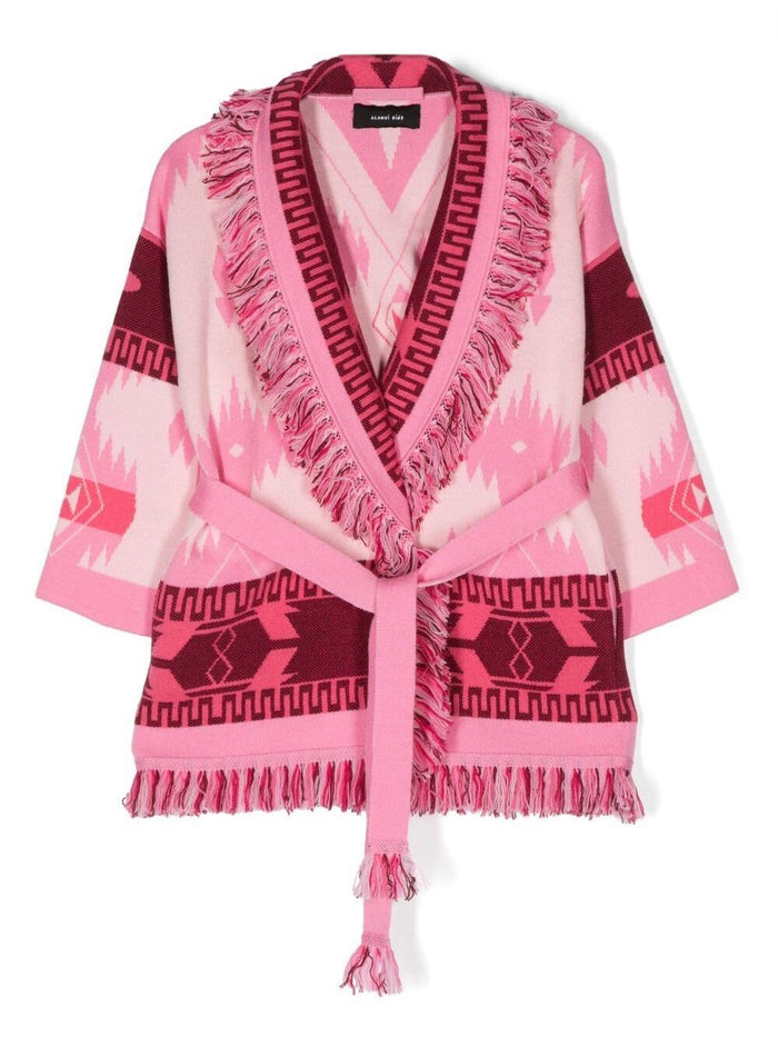 Pink Cardigan With Graphic Jacquard Motif All-Over Wool Virgin Jersey