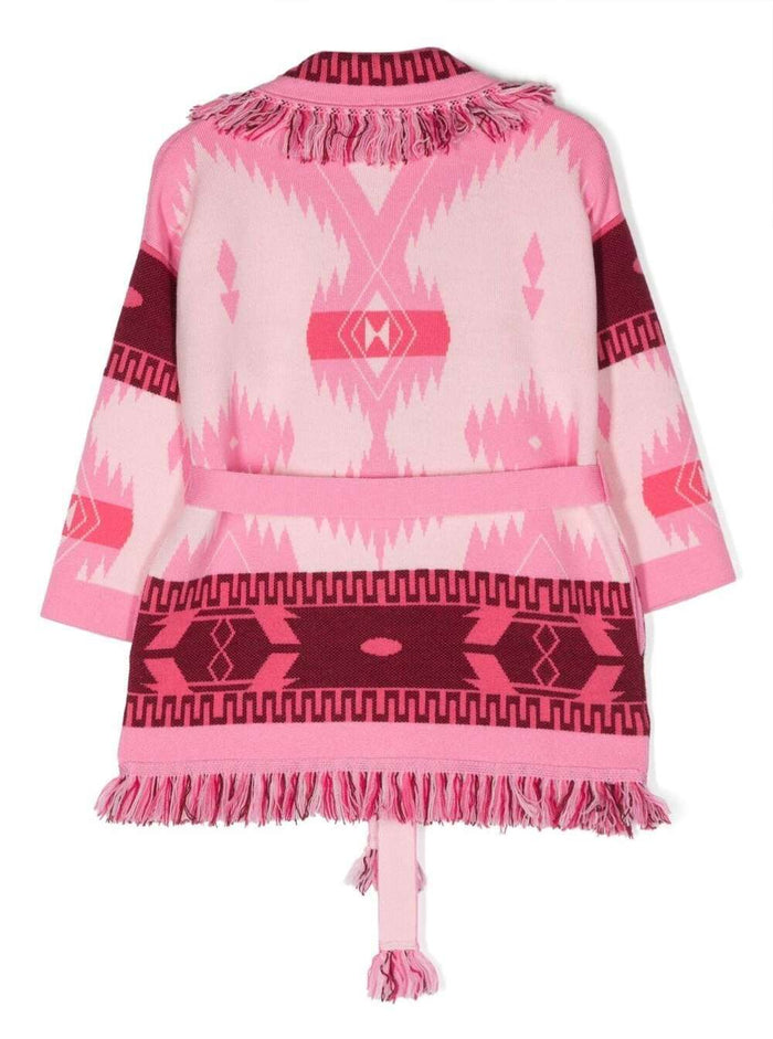 Pink Cardigan With Graphic Jacquard Motif All-Over Wool Virgin Jersey