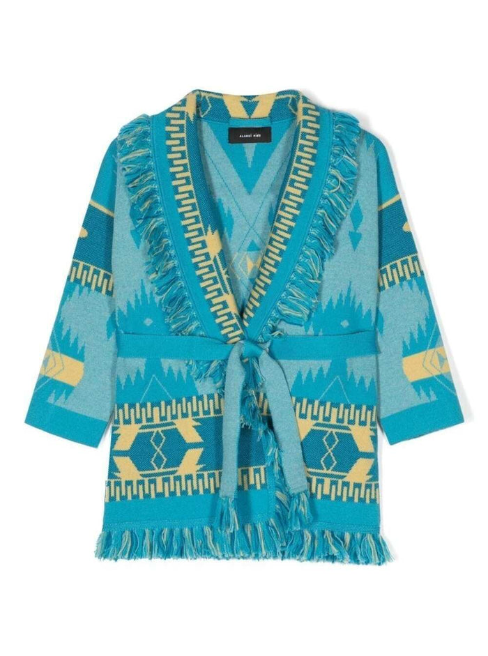 Light-Blue Icon Tourmaline Cardigan With Jacquard Motif All-Over Wool Virgin Jersey