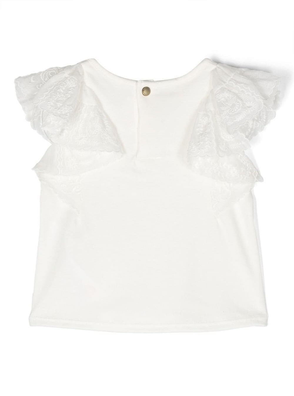 White T-Shirt With Flutter Ruched Sleeves Cotton Girl