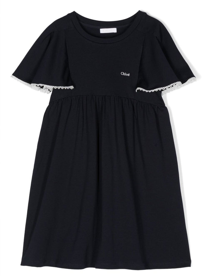 Navy Blue Dress With Embroidered Logo And Volant Detailing Cotton Girl Blu Tshirts Polo Shirts