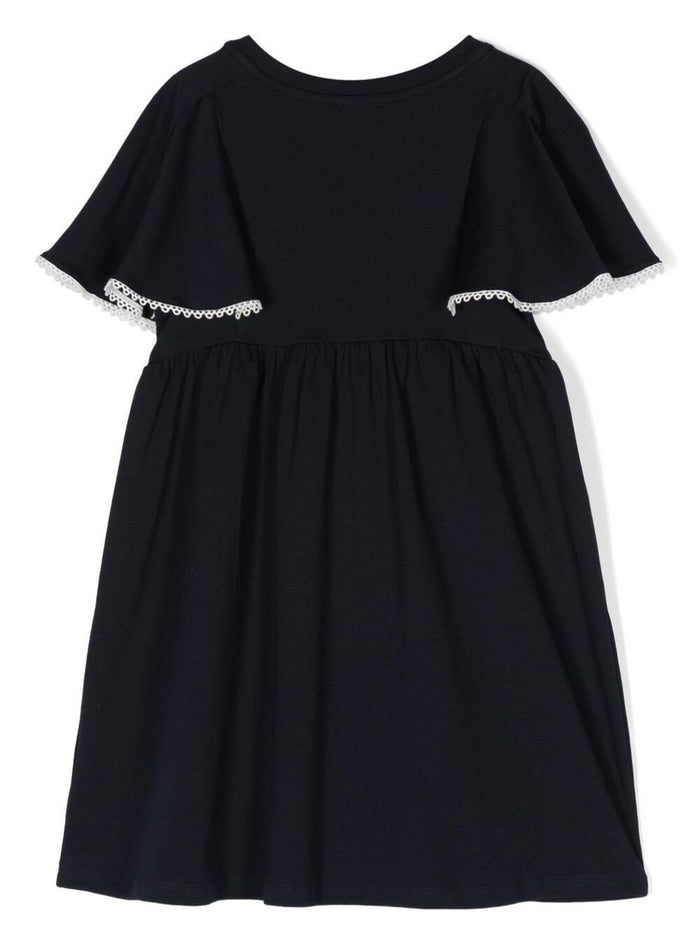 Navy Blue Dress With Embroidered Logo And Volant Detailing Cotton Girl Blu Tshirts Polo Shirts