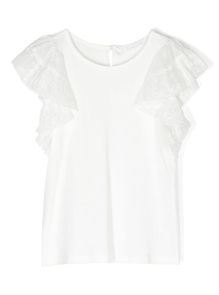 White Crewneck Top With Lace Ruched Detailing Cotton Girl Tops