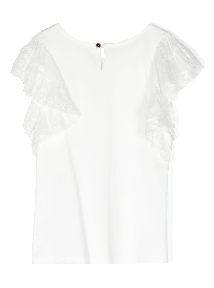 White Crewneck Top With Lace Ruched Detailing Cotton Girl Tops